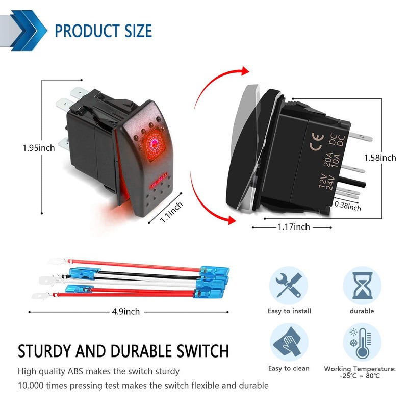 FXC Momentary Rocker Switch 7Pin Laser (ON)/Off/(ON) Red LED Light 20A/12V 10A/24V Toggle Switch with Jumper Wires Set for Automotive Boat Marine Truck Jeep Off-Road Bus RV - Image 3